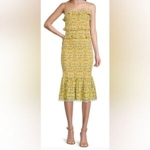 NWT Antonio Melani Adalee Yellow-Print Bodycon Smocked Ruffle Midi Dress Sz: 4